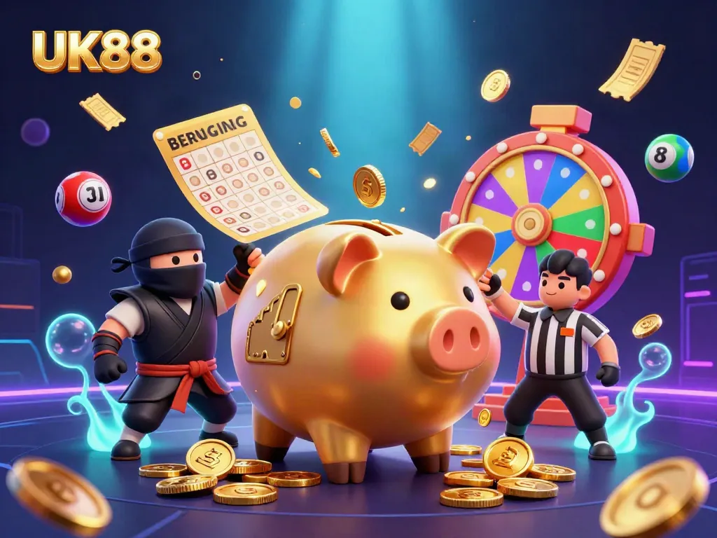 Experience the excitement of UK88 with a lively illustrated scene featuring dynamic gaming elements and characters.