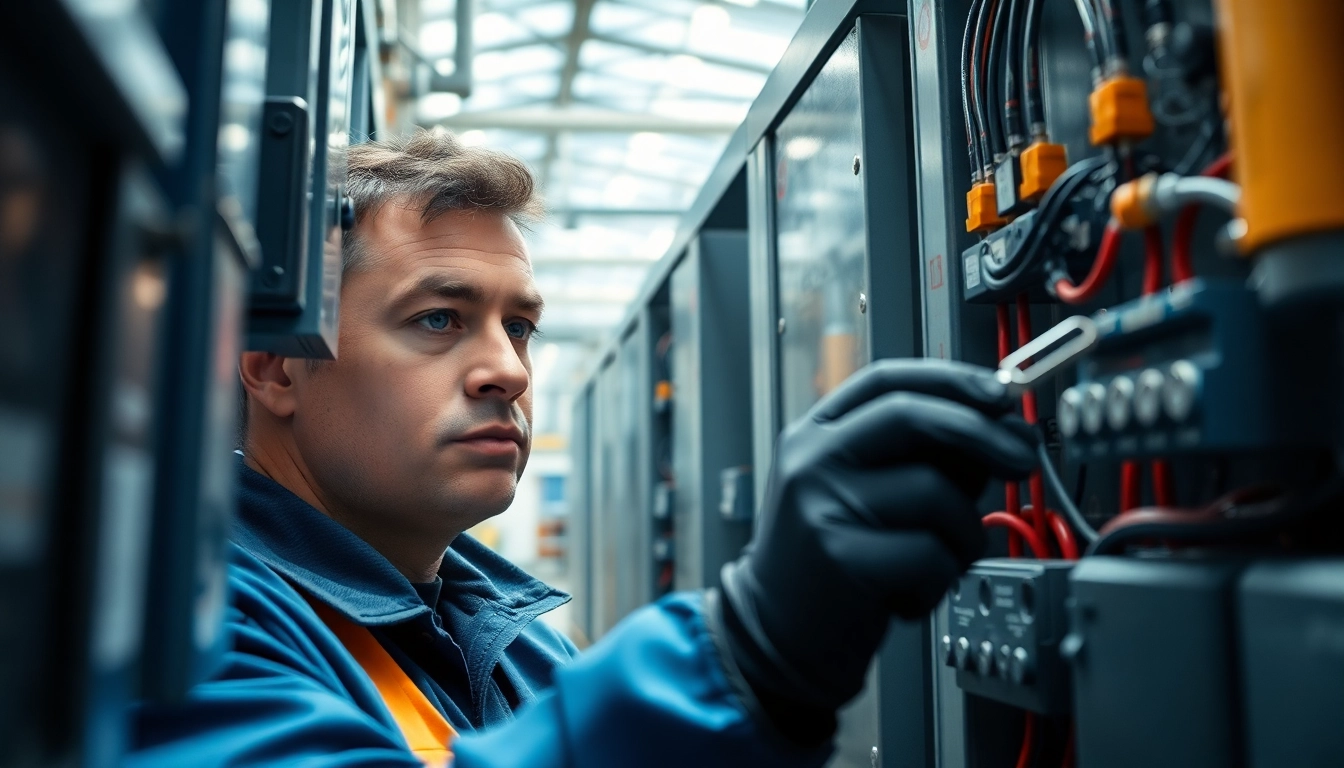 DGUV V3 Prüfung in einer industriellen Umgebung durch Techniker, der Sicherheitsregeln befolgt.