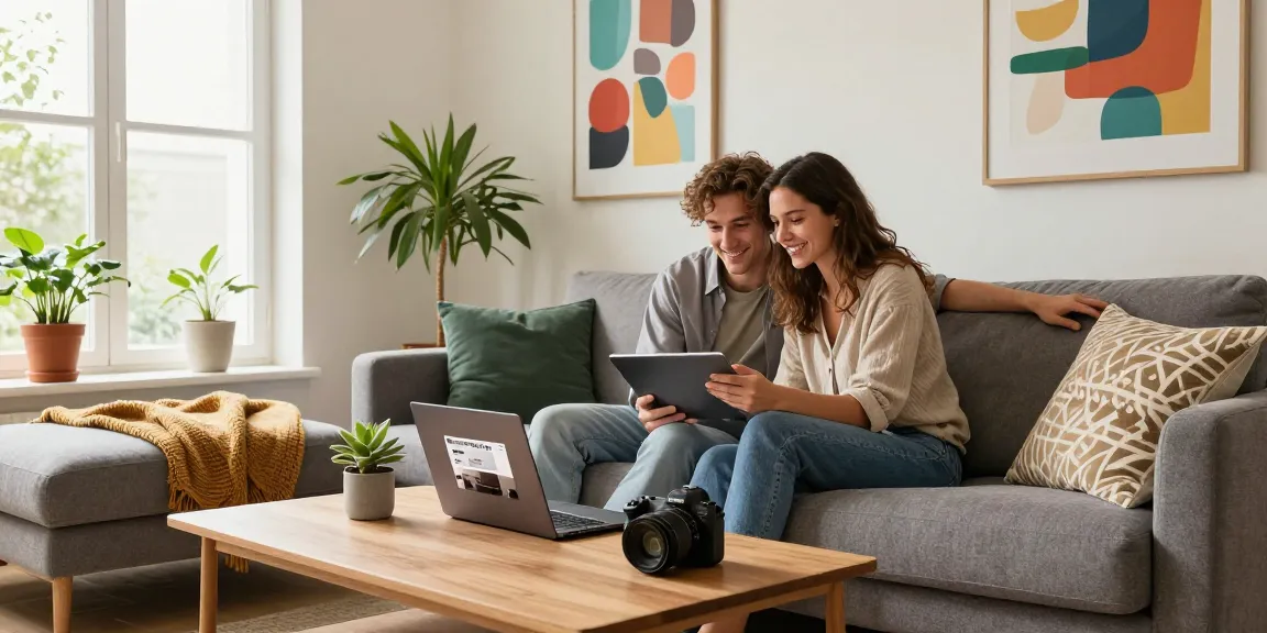 Paar genießt das Möbelshopping zu Hause und erkundet Möbel online bestellen auf einem Laptop.