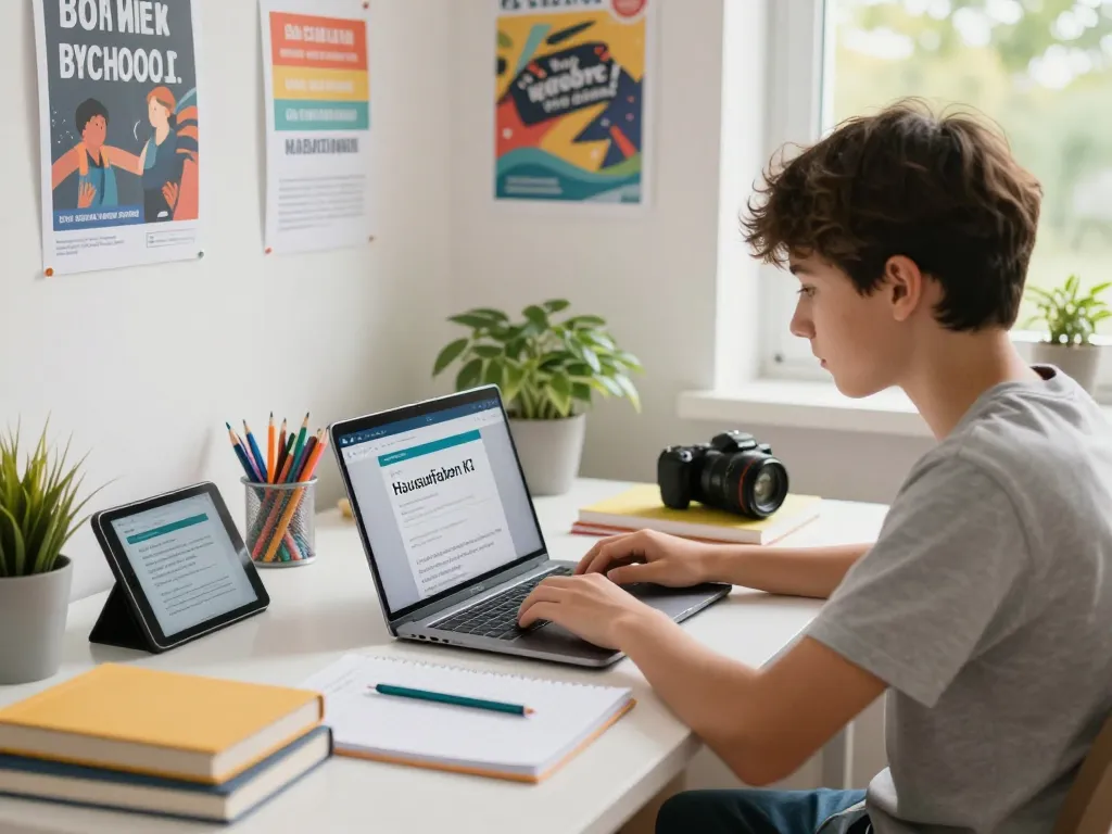 Student, der die Hausaufgaben KI App in einer modernen Lernumgebung mit Bildungsressourcen verwendet.