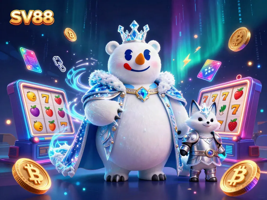 Players strategy on SV88 winning with 3D slot game reels, crypto coins, and polar bear characters.