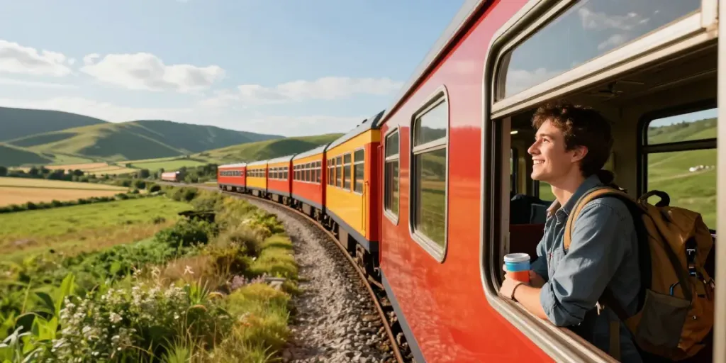 Günstige Zugtickets - Reisender genießt die Aussicht in einem Zug während der Zugfahrt durch die malerische Landschaft.
