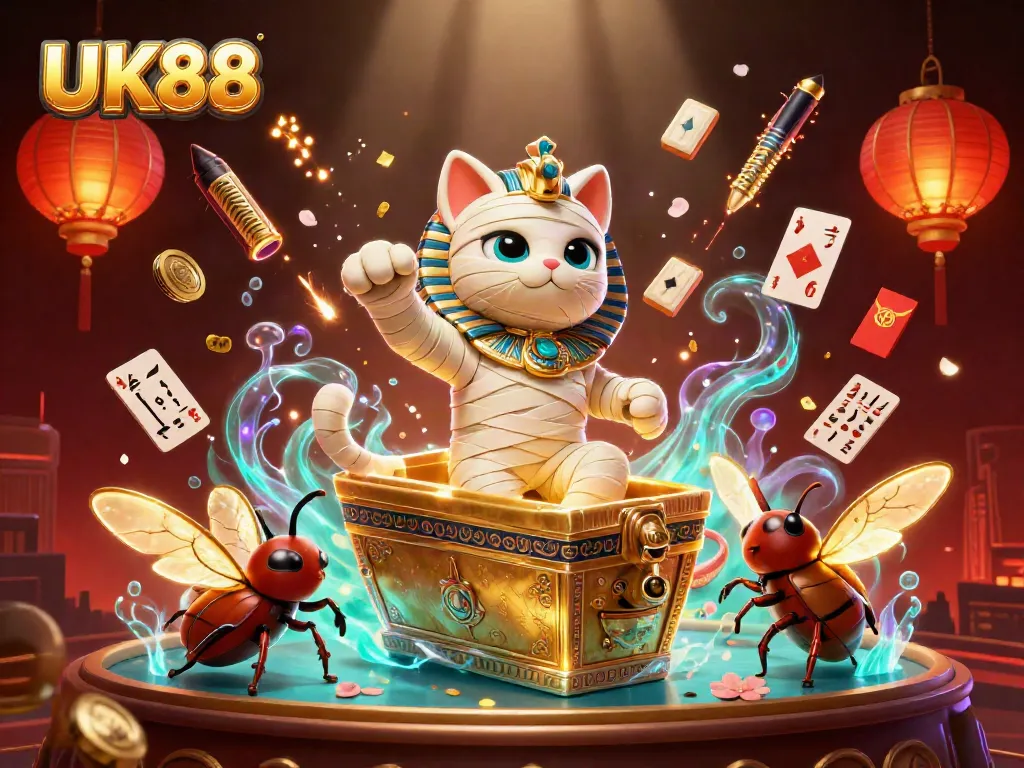 Experience the excitement of UK88 with a mummy cat amidst floating game elements in this vibrant casino scene.