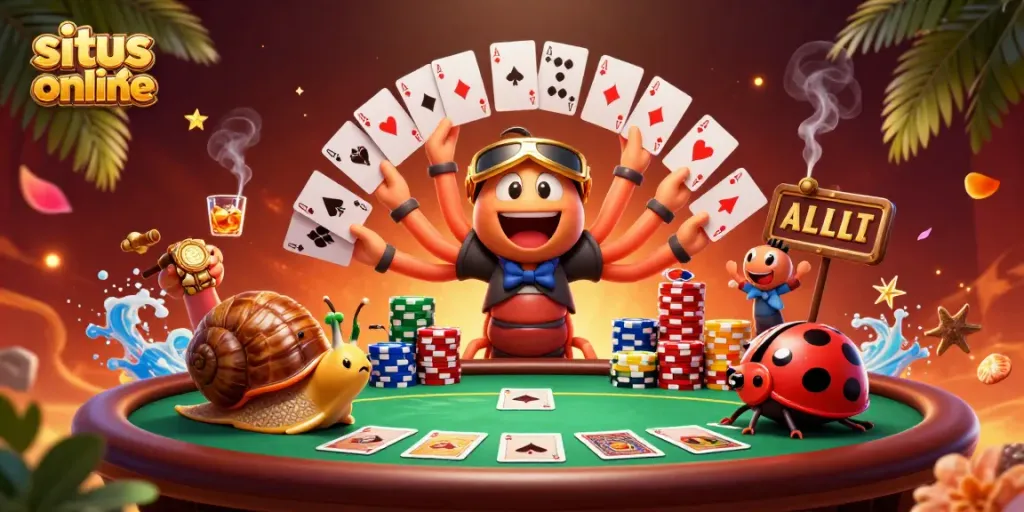 Engage with situs slot online in a vibrant casino scene animated with colorful characters and immersive elements.