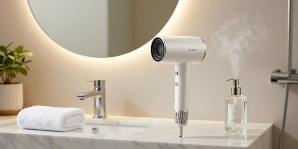 Laifen Mini haartrockner elegantly displayed in a modern bathroom setting, reflecting luxury and style.