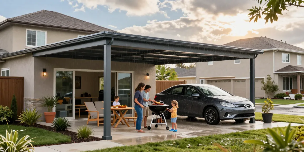 Moderne Carport-Struktur schützt das Auto vor den Elementen, während eine Familie ein Barbecue unter dem Carport genießt.