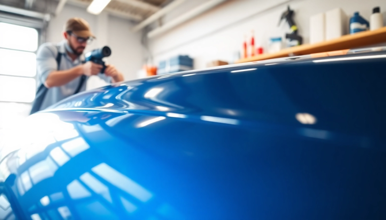 Professionelle Fahrzeugaufbereitung in einer sauberen Garage mit glänzendem Auto und Poliertechnik.