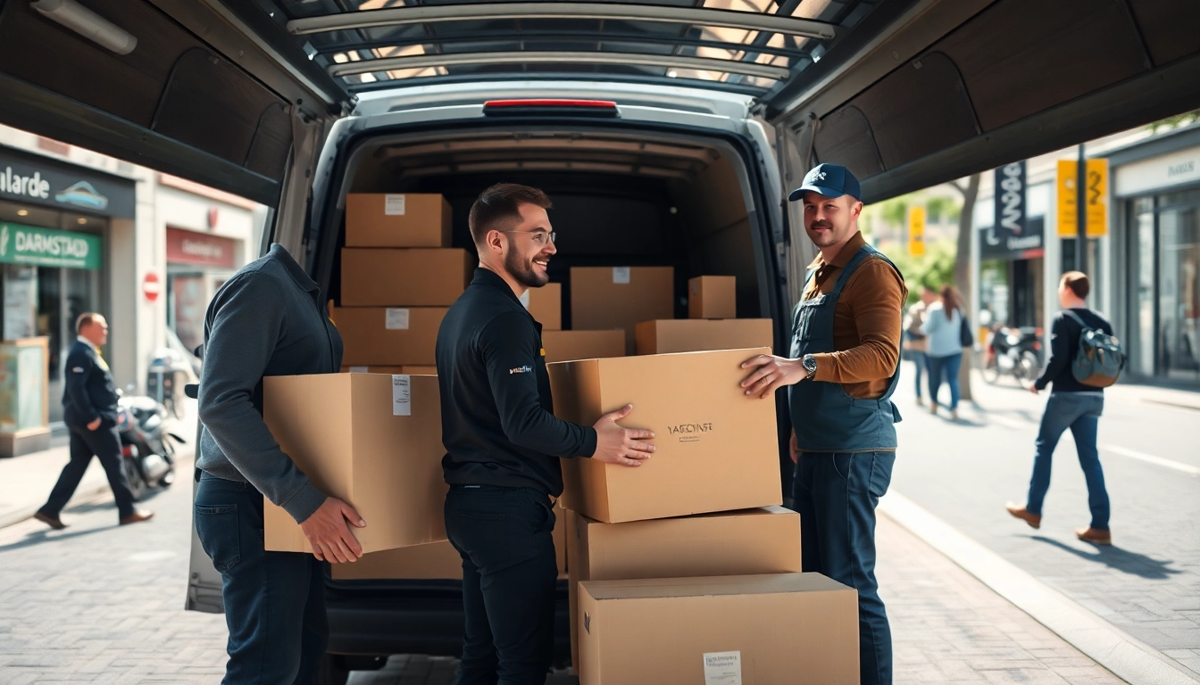 Umzugsunternehmen Darmstadt packt sorgfältig Umzugskartons in ein Lieferfahrzeug.