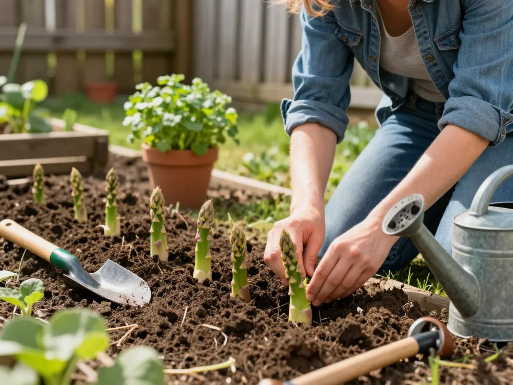 Planting Gijnlim green asparagus seedlings in a sunny garden for a thriving grüner spargel pflanze harvest.