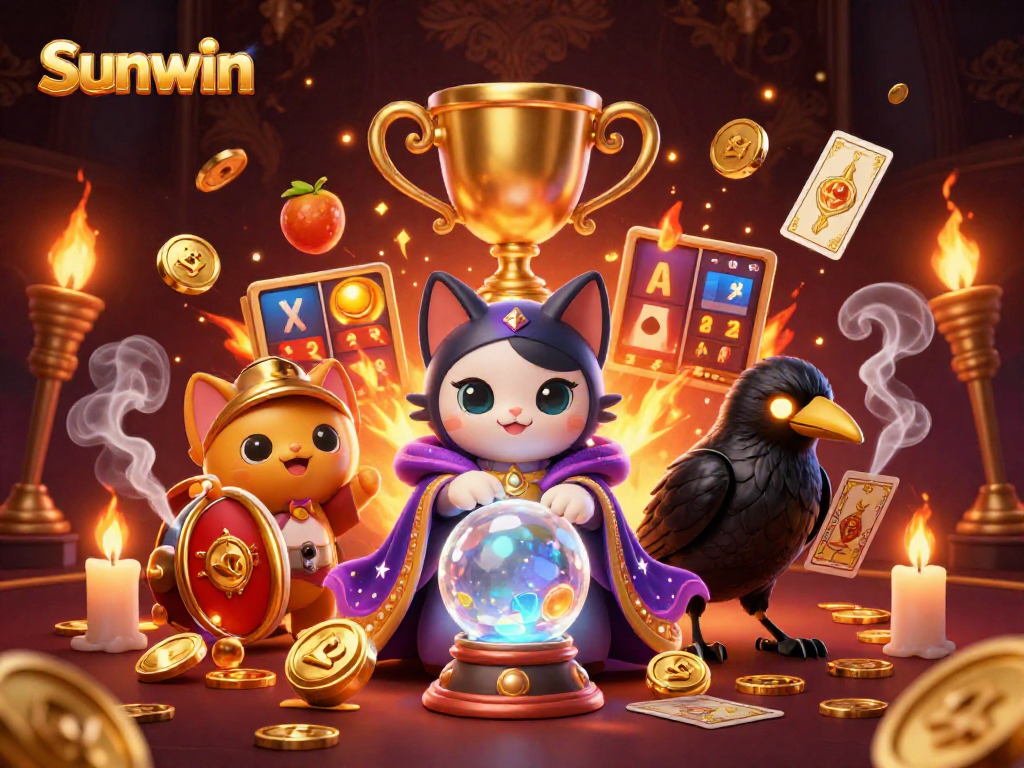 Experience thrilling winnings at Sunwin with a mystical cat, raven, and vibrant slots!