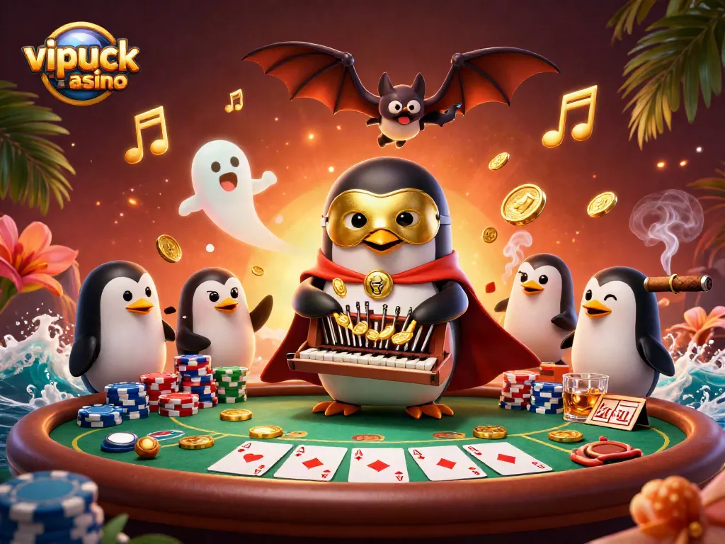 Experience thrilling gameplay at vipluck casino with a vibrant scene featuring a penguin playing an organ and poker chips.