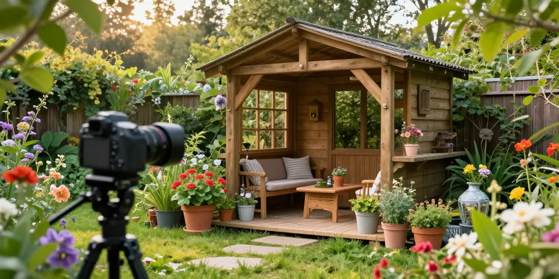 Attraktives Gartenhaus Holz im grünen Garten mit Blumen und Sitzbereich.
