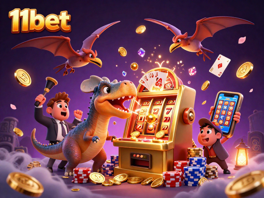 11bet showcases a cartoon dinosaur headbutting a slot machine, surrounded by coins and casino elements.