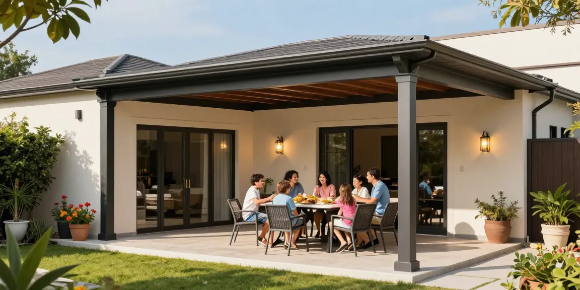 Freistehende Terrassenüberdachung in einem sonnigen Garten mit einer Familie, die ein Essen genießt.