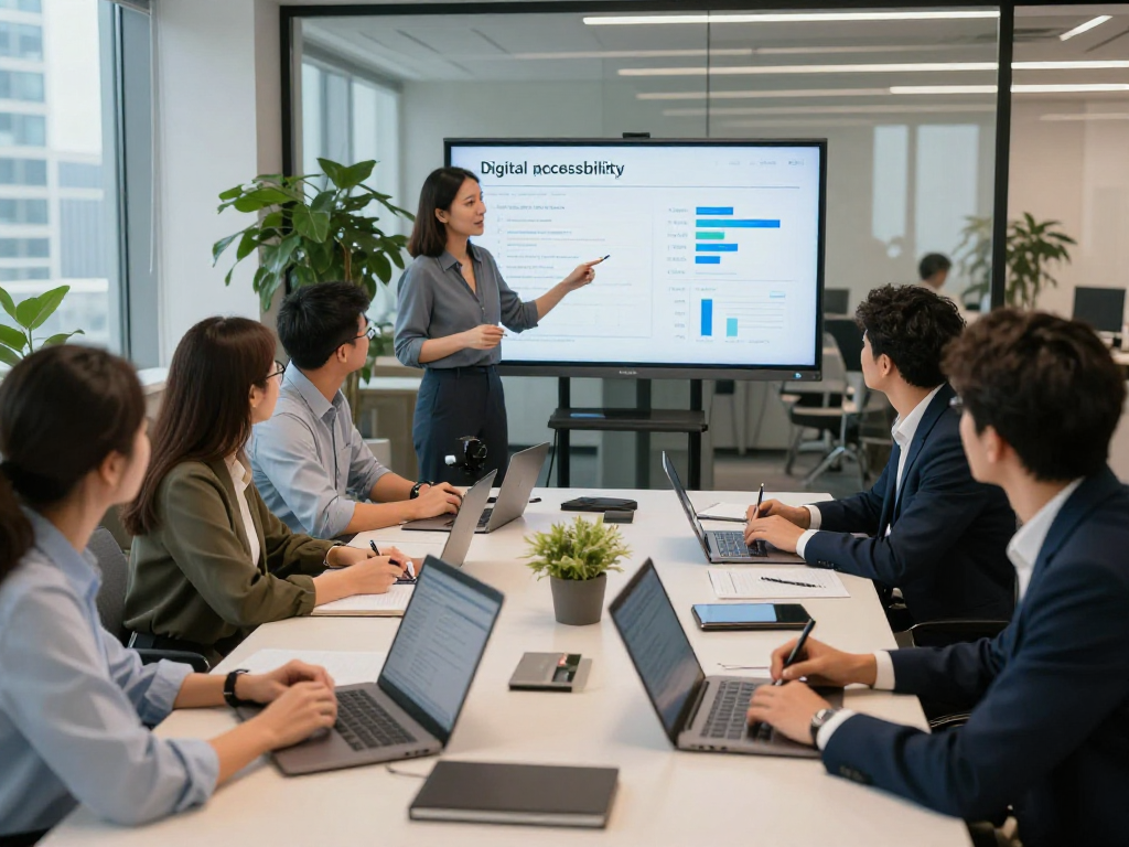 Branchenlösungen – Übersicht: Team bei MUNAS Consulting diskutiert über Datenschutzstrategien und Barrierefreiheit in modernen Büros.