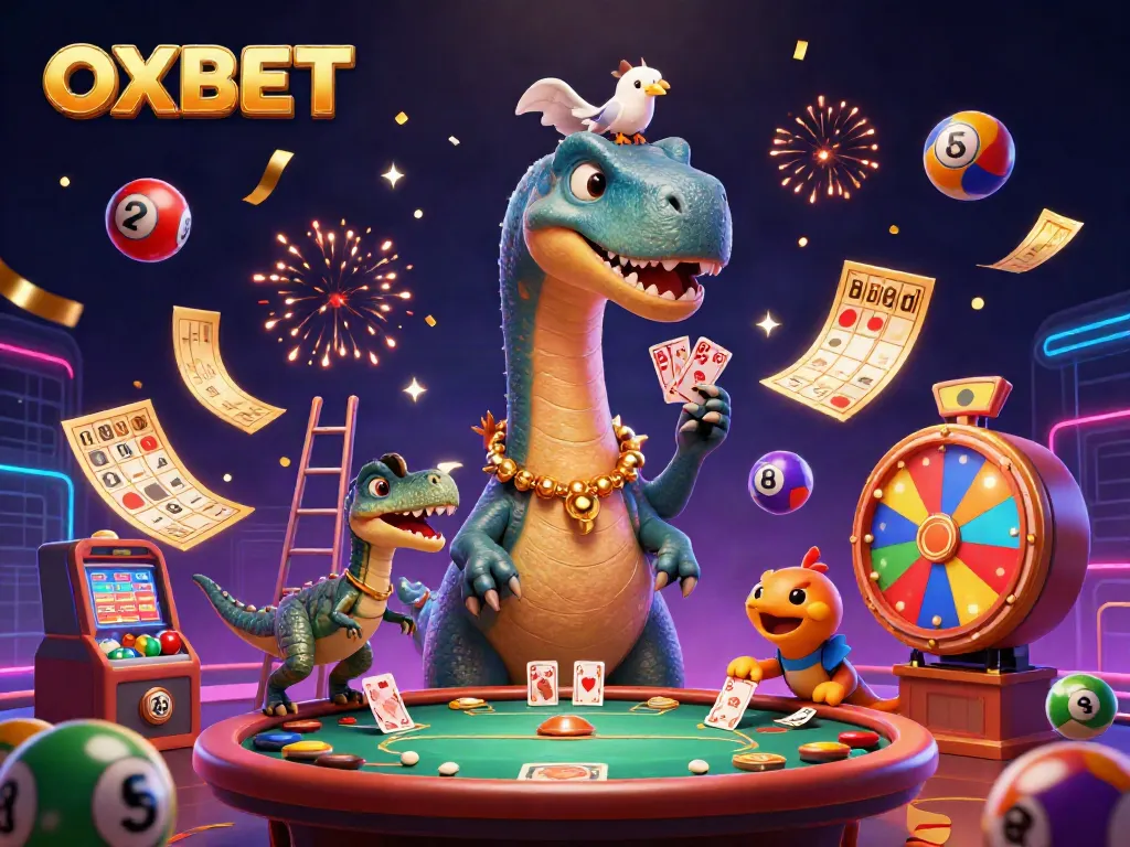 Experience the excitement of OXBET with a playful dinosaur hosting a vibrant casino scene filled with colorful games.