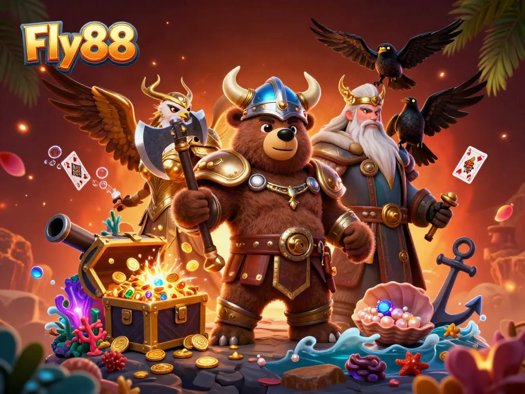 Fly88 Viking bear and Valkyrie eagle next to explosive treasure chest set in a vibrant casino scene.