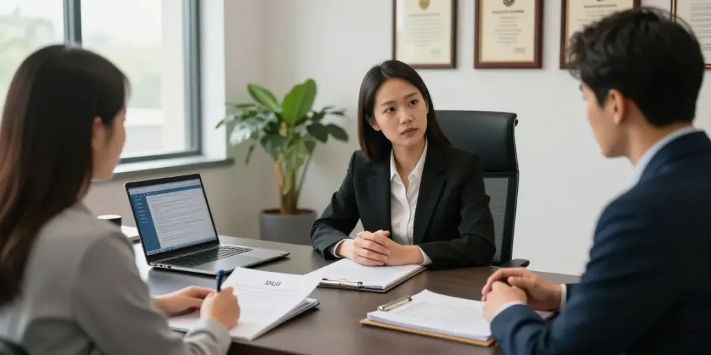 Marietta DUI lawyer consulting with a client over legal documents in a professional office setting.