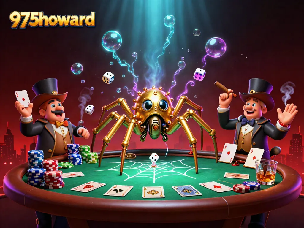 Engage 975howard with a vibrant casino scene featuring a whimsical steampunk spider and poker elements.