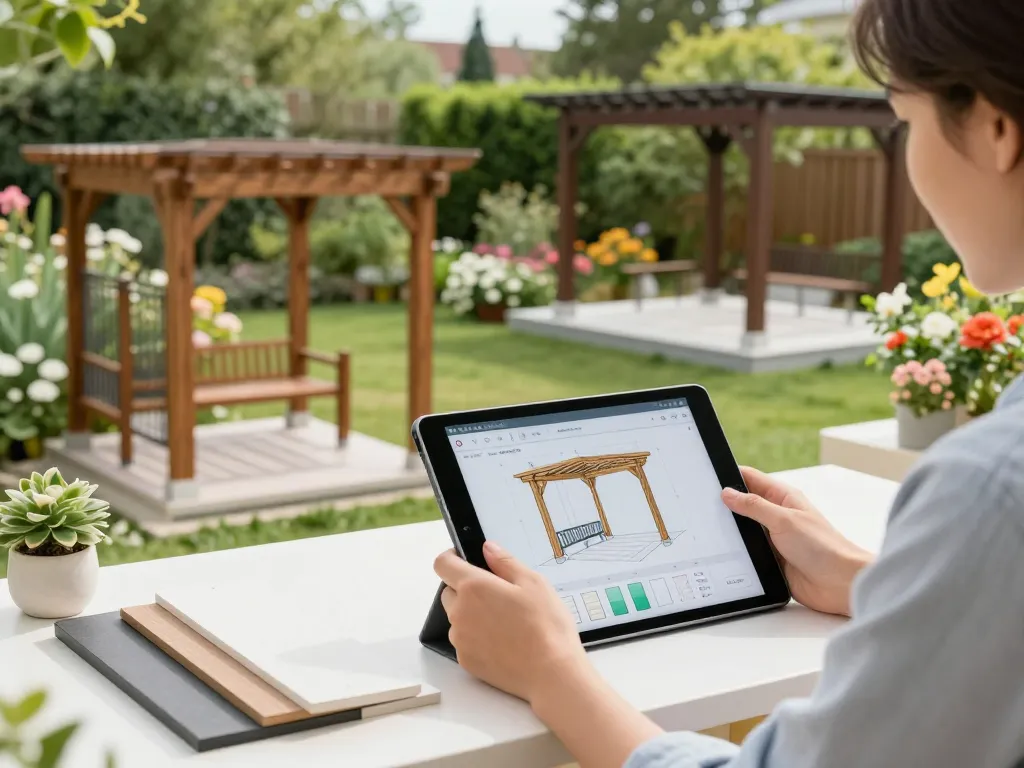 Software für Pergola-Installateure, angezeigt auf einem Tablet in einer wunderschönen Gartengestaltung.