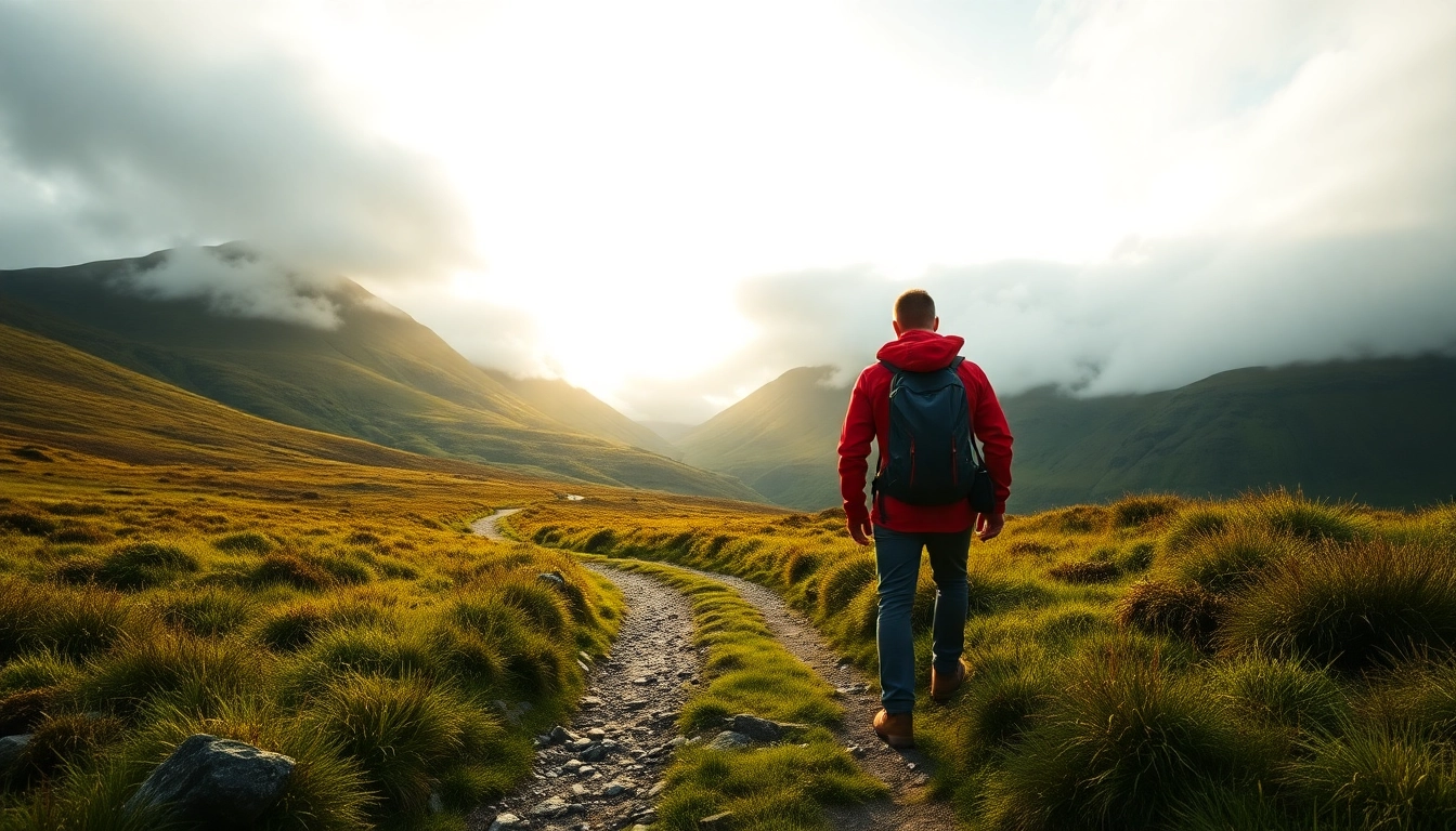 Irland wandern in der atemberaubenden irischen Landschaft mit grünen Hügeln und einem Wanderer.