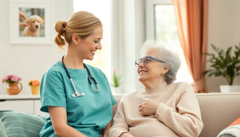 Pflegedienst mit einer Pflegekraft, die liebevoll eine ältere Person betreut, schafft eine warmherzige Atmosphäre.