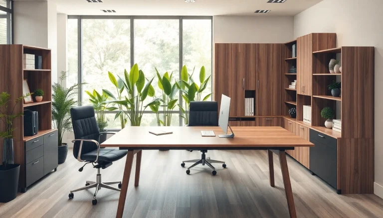 Moderne Büromöbel in einem stilvollen Büro, das Funktionalität und Eleganz vereint.