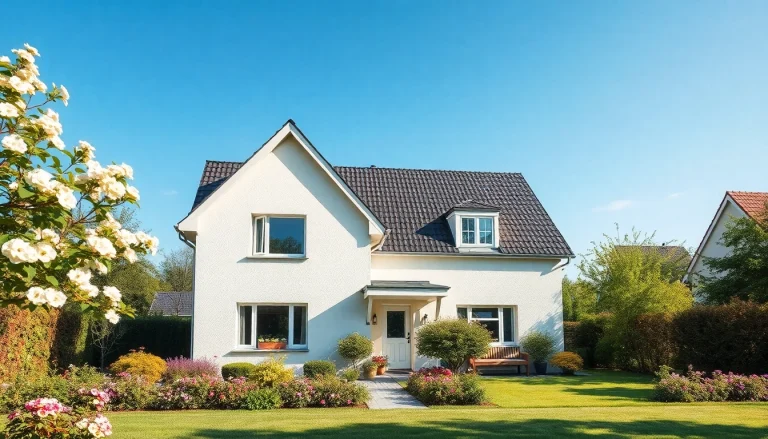 Häuseransicht für den Hauskauf: modernes Einfamilienhaus mit lebendigem Garten in warmer Beleuchtung.