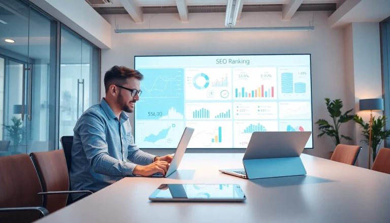 Visualisieren Sie SEO-Ranking-Analysen in einem modernen Büro mit einem Fachmann, der an seinem Laptop arbeitet.