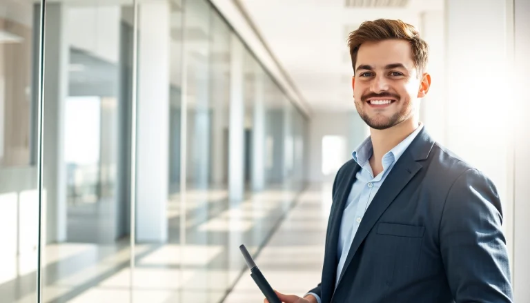 Professioneller Gebäudereiniger Münster bei der Arbeit im Büro mit modernen Reinigungsgeräten.