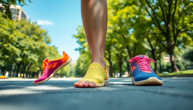 Barfußschuhe im Einsatz: Model trägt bequeme, farbenfrohe Barfußschuhe im Park