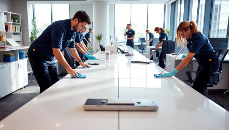 Gebäudereiniger Münster arbeiten sorgfältig in einem sauberen Büro mit hellen Oberflächen.
