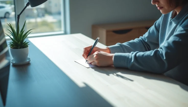 Writing a check at a modern desk, illustrating financial management and responsibility.