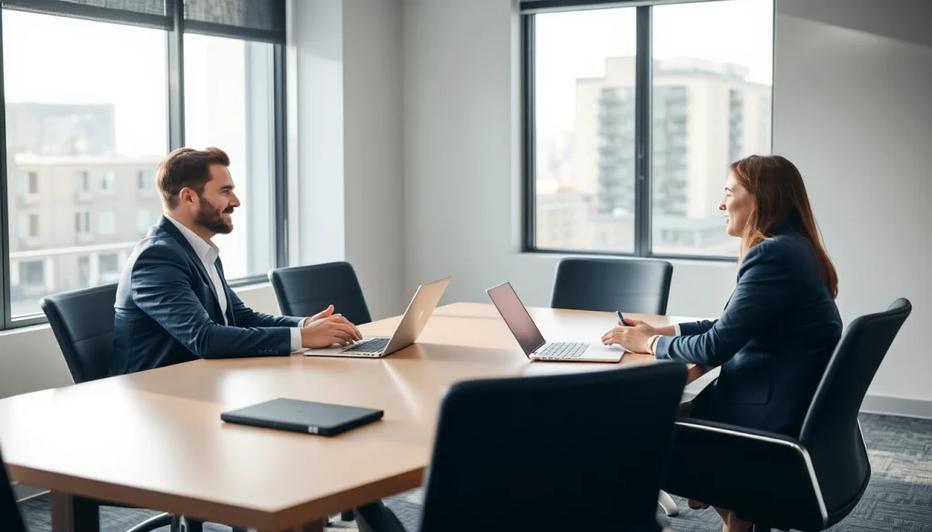 Verstärken Sie Ihr Recruiting im technischen Vertrieb mit persönlichen Interaktionen zwischen Recruitern und Vertriebsprofis in einem modernen Büro.