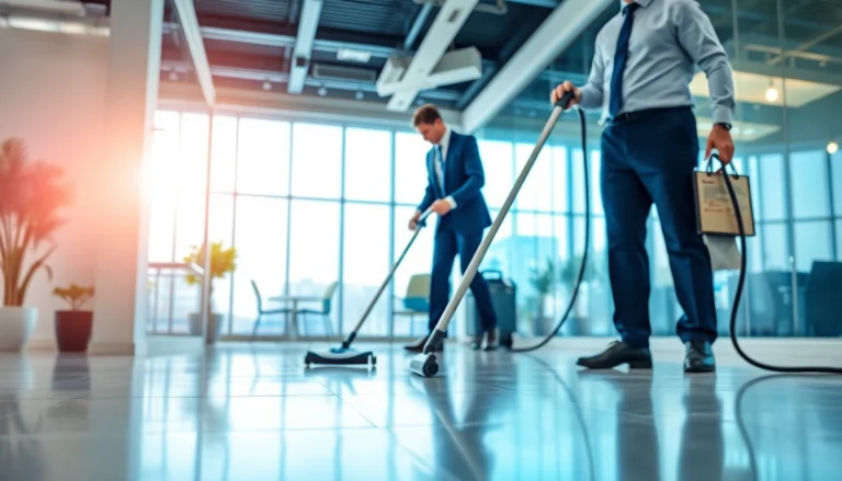 Professionelle Gebäudereiniger Münster arbeiten effizient in einem modernen Büro.