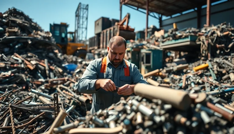 Schrotthändler Remscheid sortiert Metallabfälle in einem geschäftigen Recyclinghof.