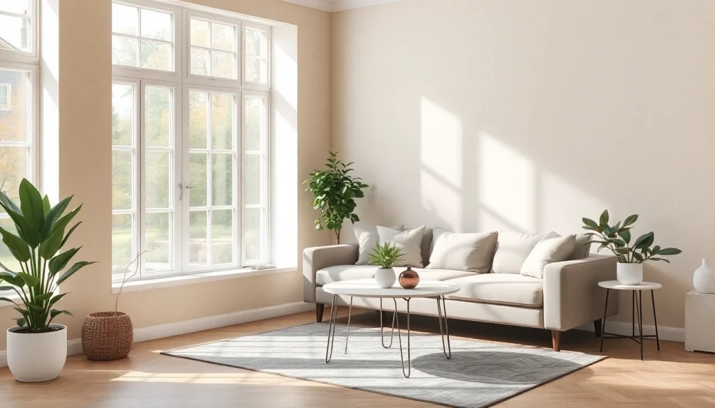 Raumgestaltung mit harmonischen Pastellfarben und eleganter Möbelanordnung.