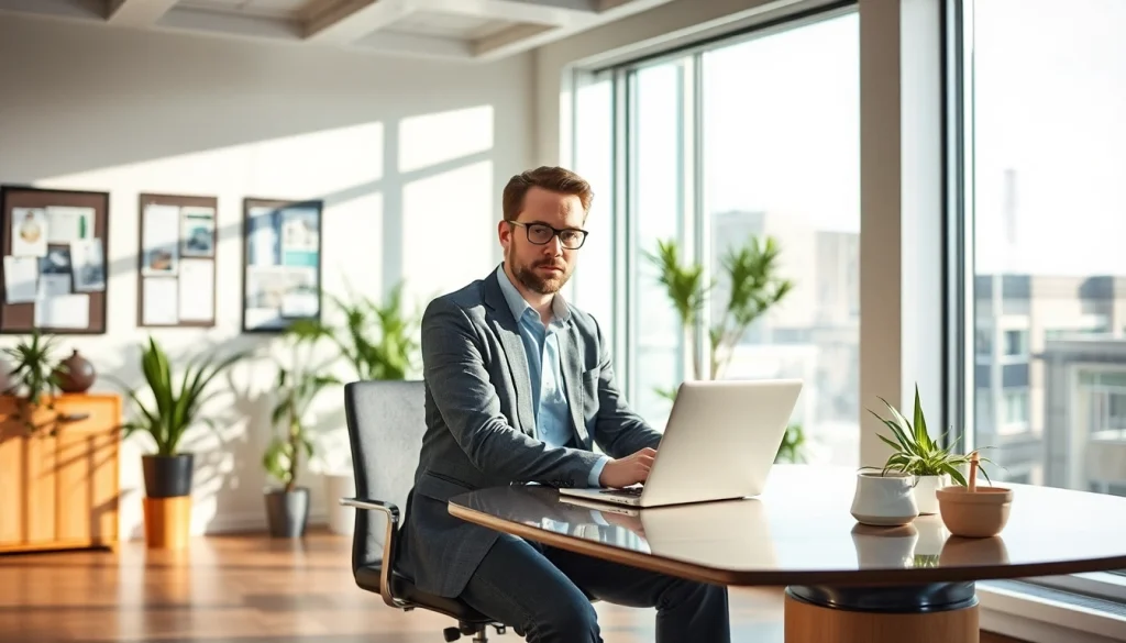 Headhunter Krefeld bei der Arbeit in einem modernen Büro, umgeben von Pflanzen und Büchern.