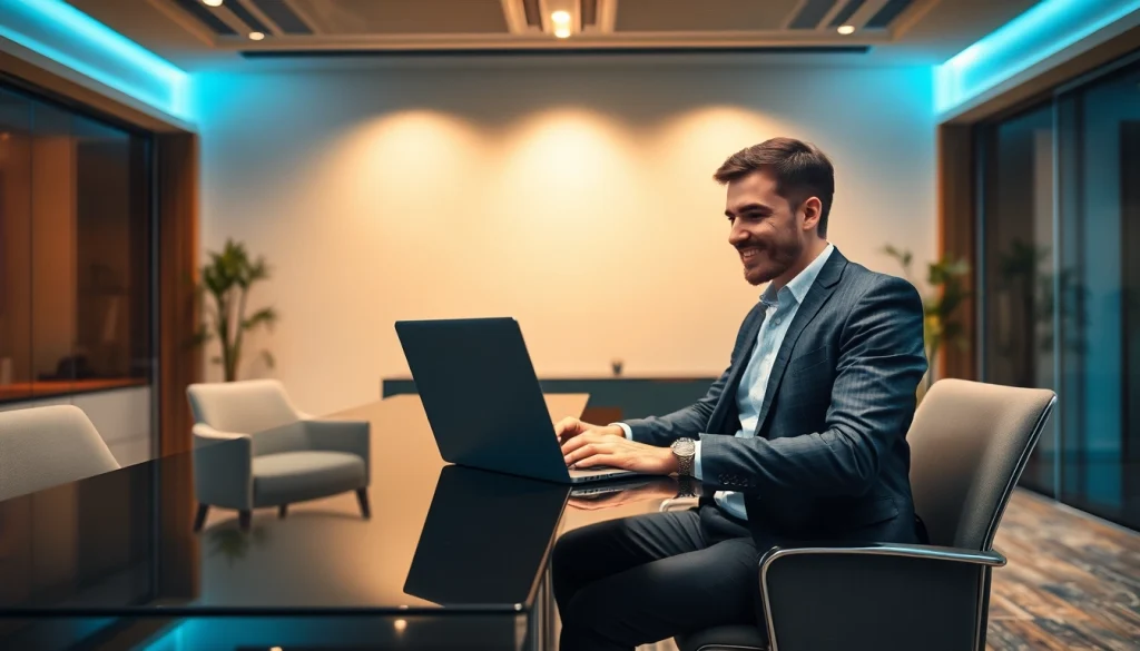 Headhunter Sales Rekrutierungsszene mit einem Recruiter am eleganten Schreibtisch, umgeben von moderner Technik.