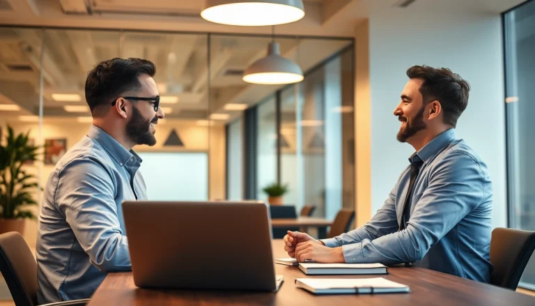 Headhunter berät einen Kandidaten in einem modernen Büro.