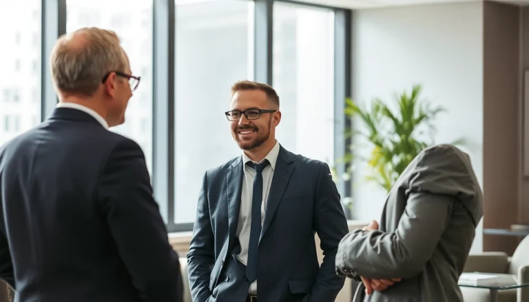 Headhunter München beim professionellen Gespräch mit einem Klienten in einem eleganten Büro.