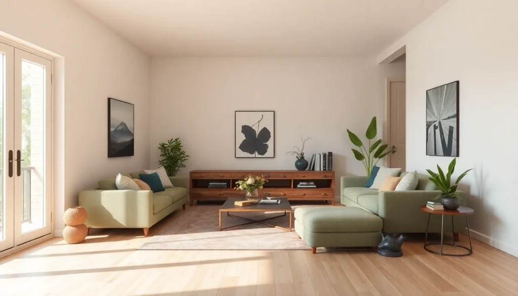 Moderne Raumgestaltung mit warmem Licht und harmonischen Farben in einem stilvollen Wohnraum.