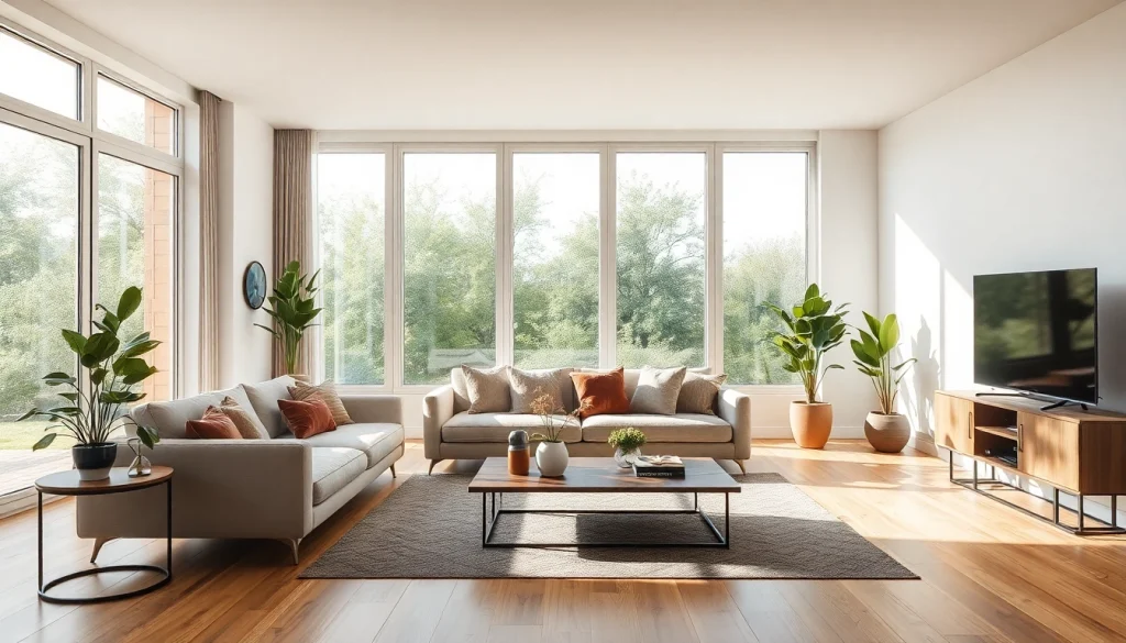 Gestalten Sie Ihre Raumgestaltung mit einem modernen, einladenden Wohnzimmer, das von natürlichem Licht durchflutet wird.