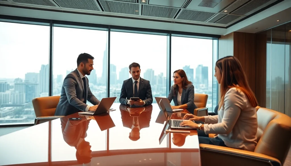 Headhunter IT discussing strategies with diverse clients in a modern office.