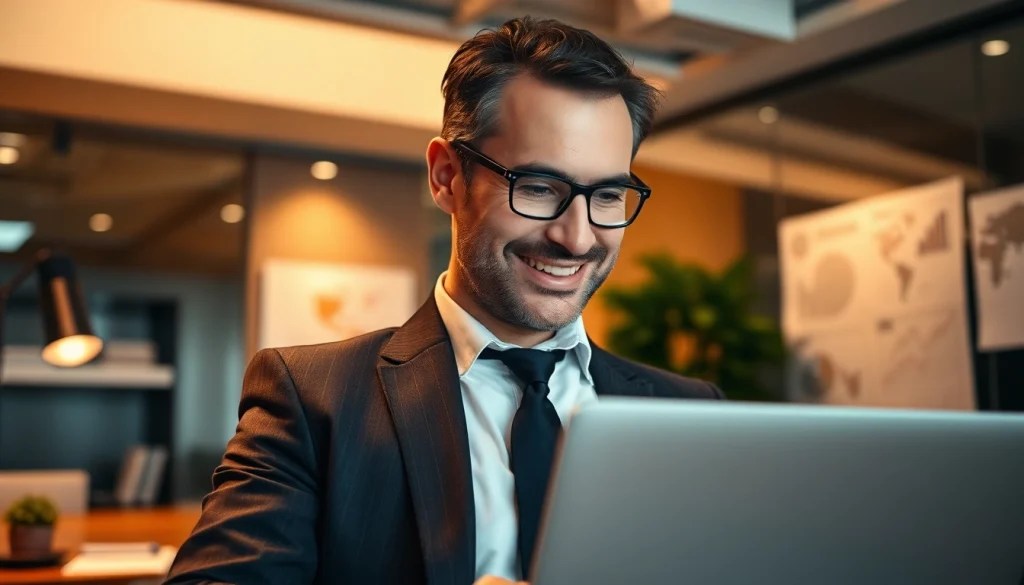 Professioneller Headhunter Executive Search in einem modernen Büro, der konzentriert am Laptop arbeitet.