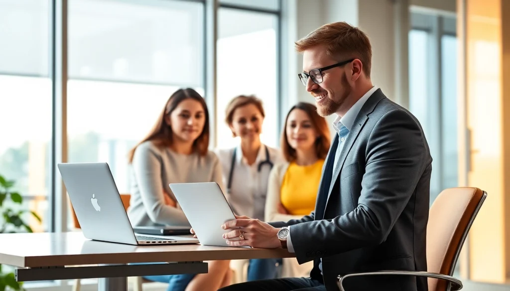 Headhunter Pflegekräfte vermittelt optimistisch qualifizierte Fachkräfte in einem modernen Büro.