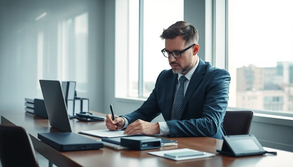 Headhunter arbeitet konzentriert in seinem Büro, um Talente zu finden.