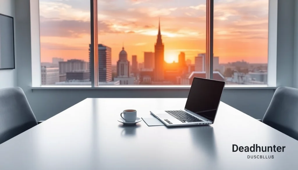 Professionelles Büro-Szenario mit Stadtansicht Düsseldorf, das die Arbeit eines Headhunter Düsseldorf widerspiegelt.