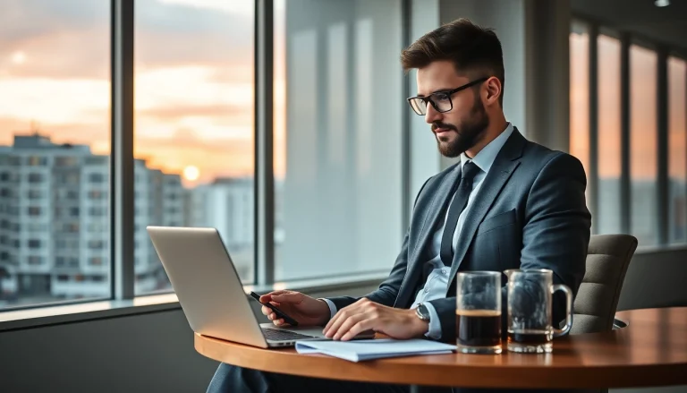 Headhunter Wolfsburg berät Kunden in modernem Büro mit Laptop und Smartphone.