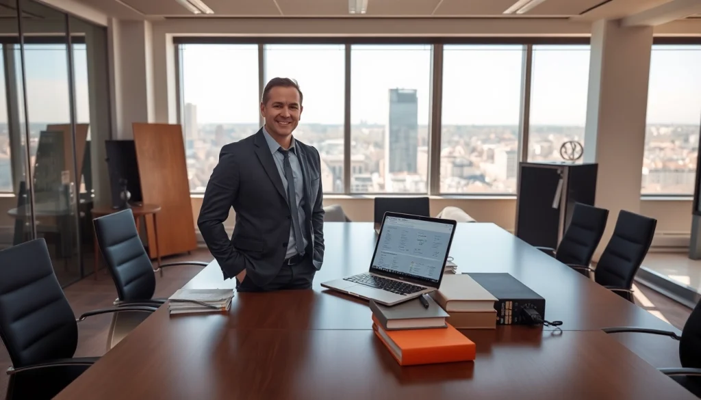 Professioneller Headhunter Halle Saale bei der Arbeit in einem modernen Büro, umgeben von Akten und Laptop.